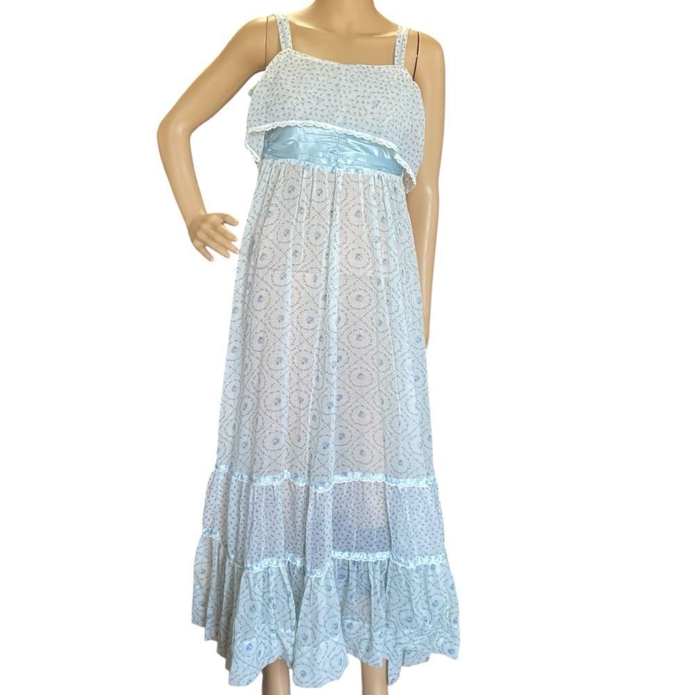 Vintage 70’s Jody T Floral Country Maxi Prairie Sheer Dress Blue White Green 5